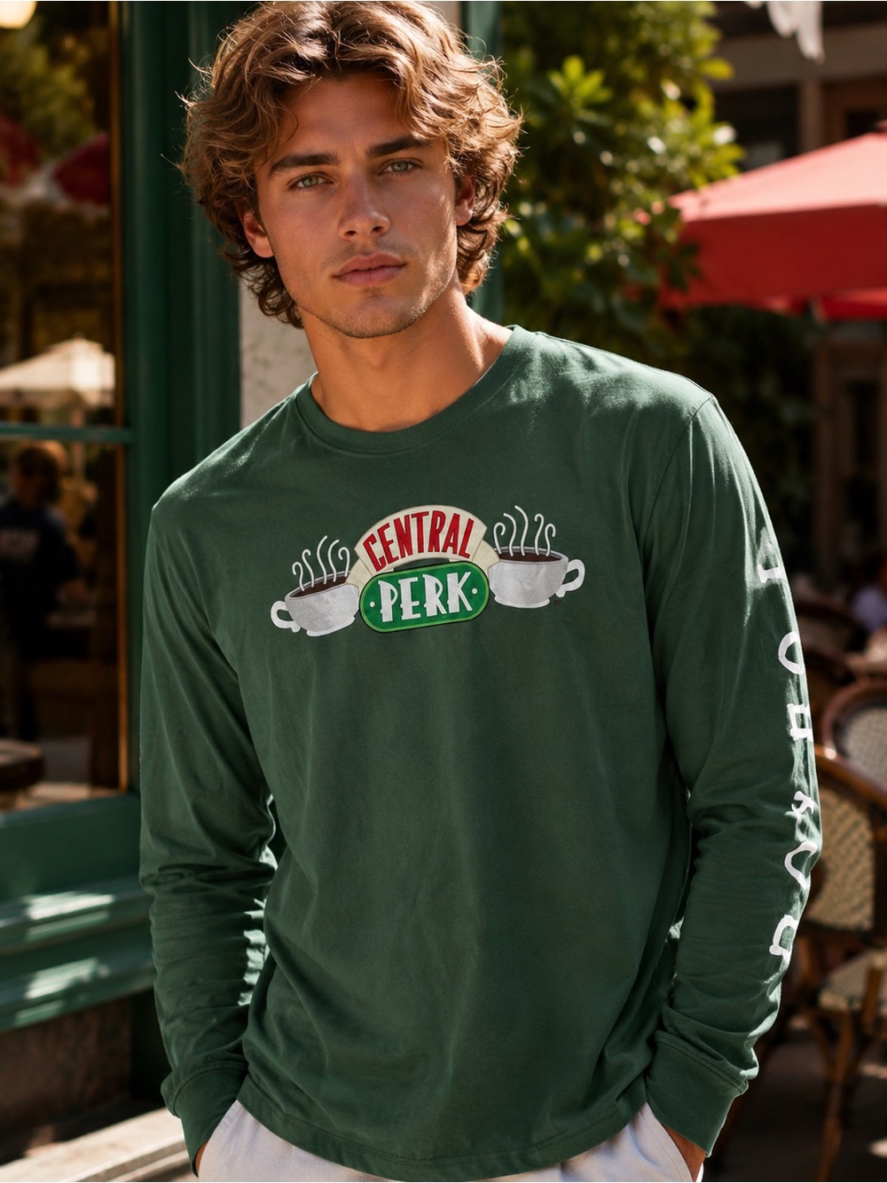 FRIENDS Dark Green Central Perk Long Sleeve Tee with White Sleeve Print